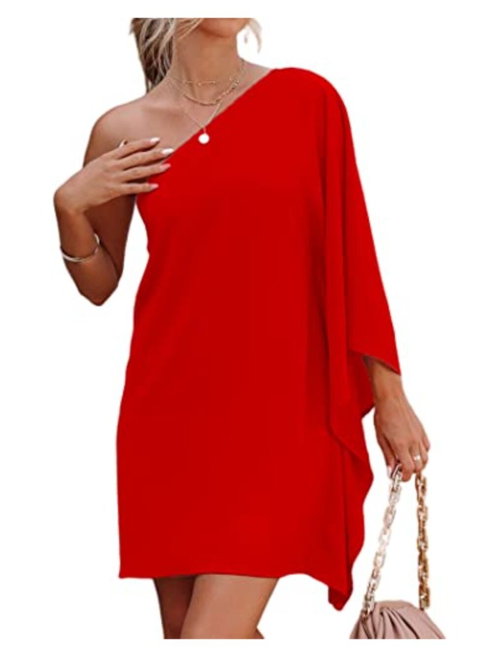 One Shoulder Formal Wedding Guest Dress Batwing Sleeve Cocktail Party Mini